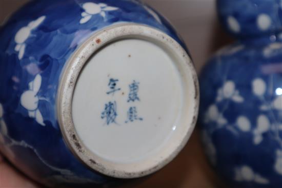 A pair of 19th century Chinese blue and white double gourd vases, Kangxi mark height 25cm